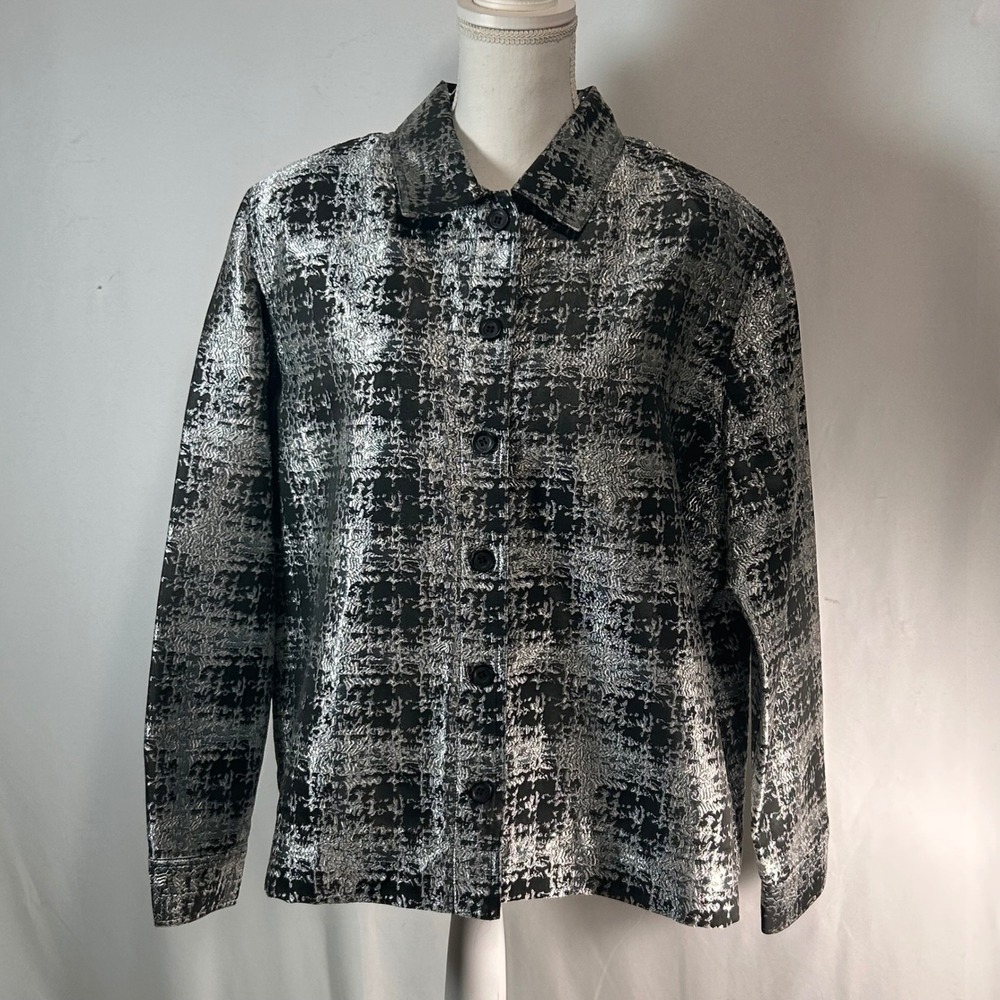 The Travel‎ Collection Metallic Silver Black Brocade Button Down Shirt Jacket 1X